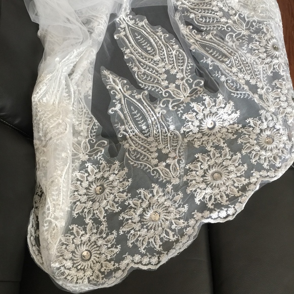 White Lace Trimmed Cathedral Veil no Comb - Picture 4 of 6